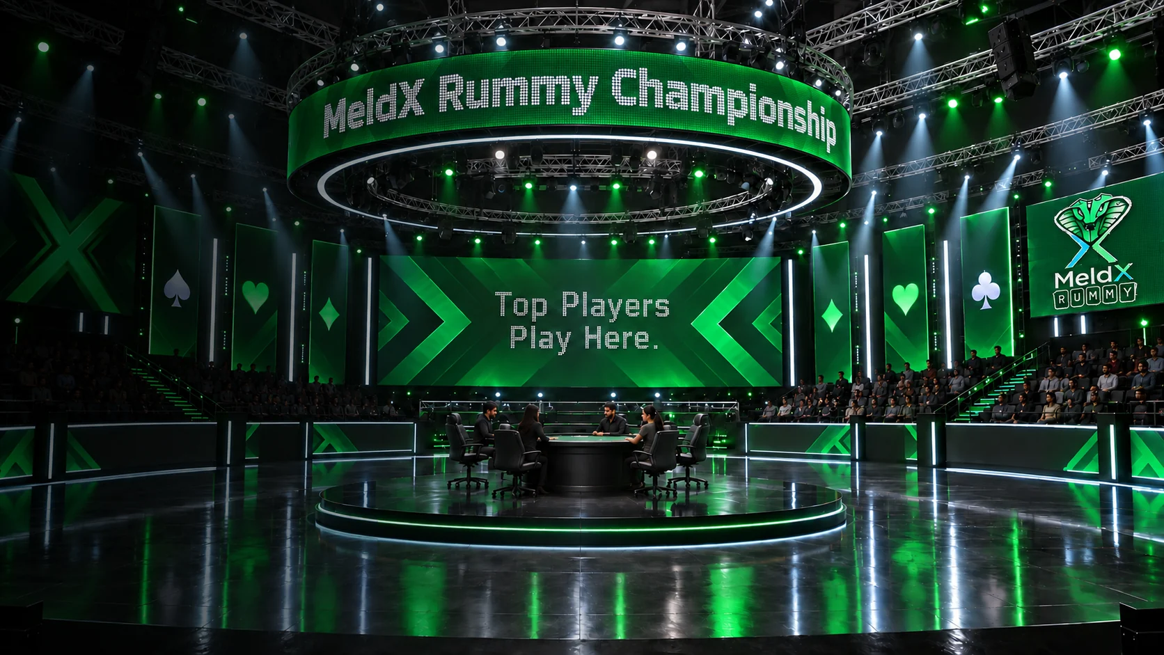 MeldX Rummy championship arena illuminated in emerald green